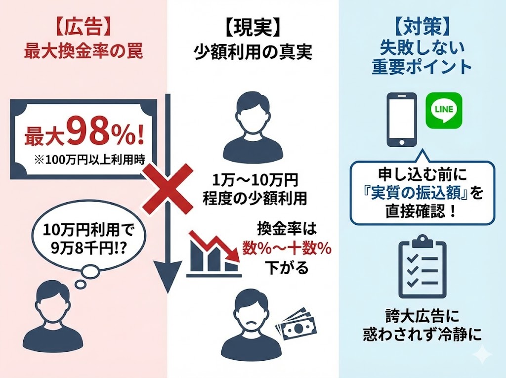 換金率表記の「最大」と「実質」の違いを知るの図解