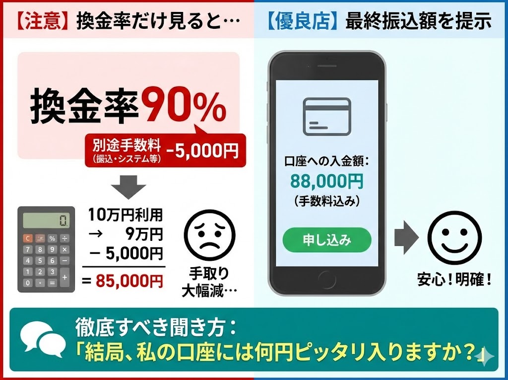 手数料を含めた「最終的な振込額」で比較するの図解