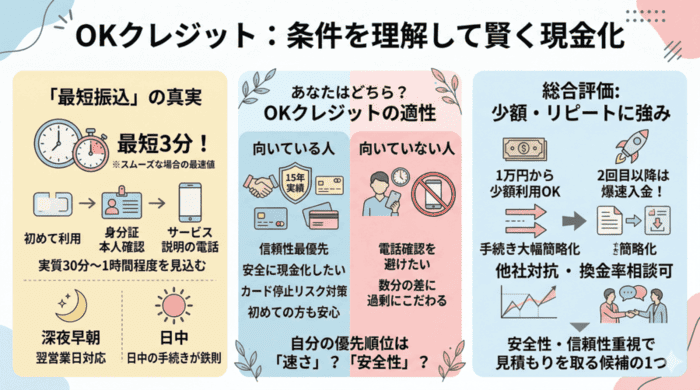 OKクレジットは「条件を理解して使えば即日対応可能な現金化業者」