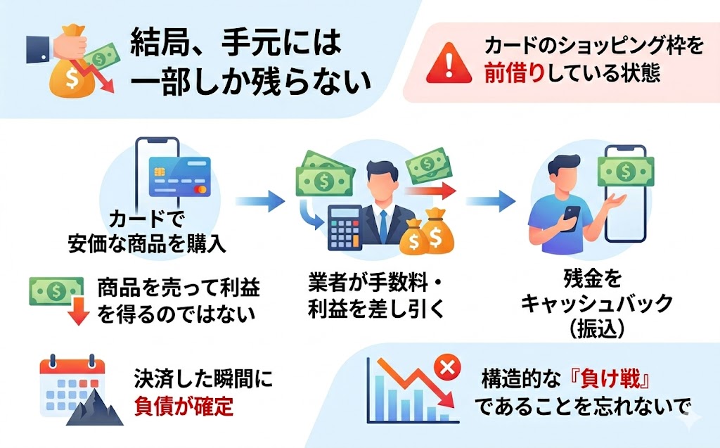 商品購入→キャッシュバックの基本構造のインフォグラフィック