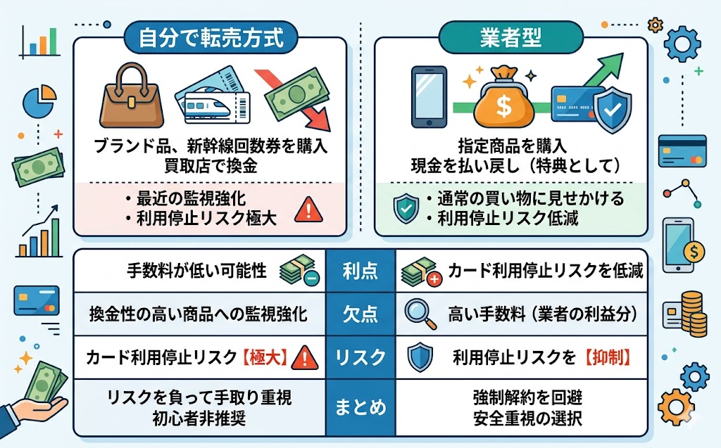 業者型と自分で転売する方法の違いのインフォグラフィック